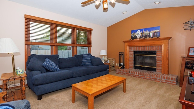 410 Wildberry Dr, Normal, IL 61761 - living area with ceiling fan, carpet, lofted ceiling, and a brick fireplace