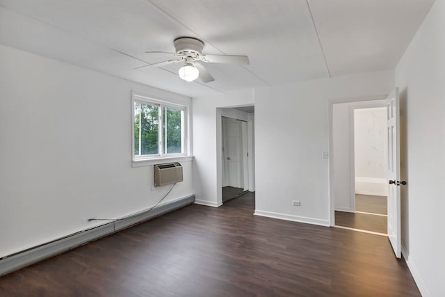 5011 Valley Ln Unit 201, Streamwood, IL 60107 - unfurnished bedroom with baseboard heating, dark wood finished floors, a wall mounted air conditioner, and a ceiling fan