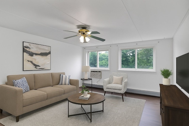 5011 Valley Ln Unit 201, Streamwood, IL 60107 - living area featuring a baseboard heating unit, wood finished floors, a ceiling fan, and a wall mounted AC