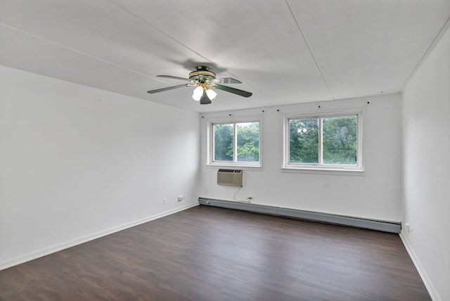 5011 Valley Ln Unit 201, Streamwood, IL 60107 - unfurnished room featuring baseboard heating, a wall mounted AC, dark wood-style floors, and a ceiling fan