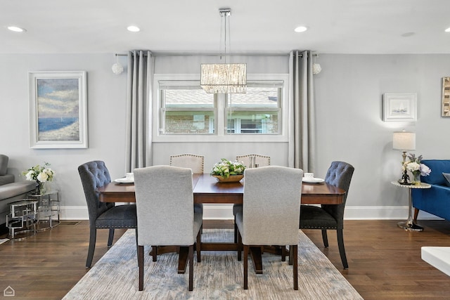 7515 W Roscoe St, Chicago, IL 60634 - dining space with dark wood-style floors, a chandelier, and recessed lighting