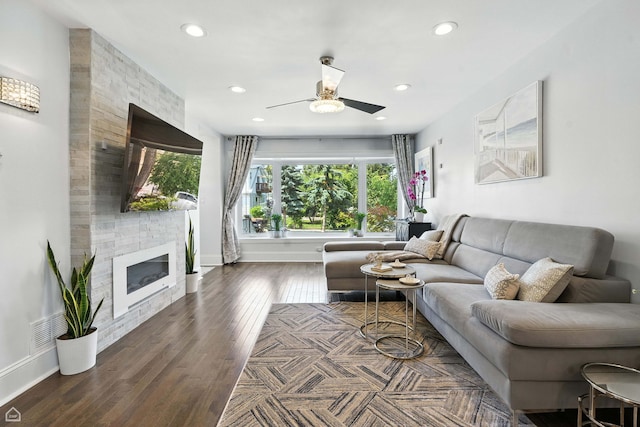 7515 W Roscoe St, Chicago, IL 60634 - living area with ceiling fan, a fireplace, recessed lighting, and wood finished floors