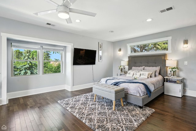 7515 W Roscoe St, Chicago, IL 60634 - bedroom with dark wood-style flooring, recessed lighting, and a ceiling fan