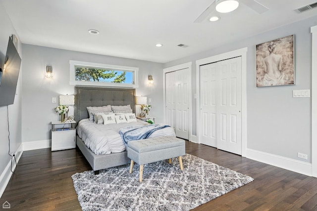 7515 W Roscoe St, Chicago, IL 60634 - bedroom with multiple closets, wood-type flooring, recessed lighting, and a ceiling fan