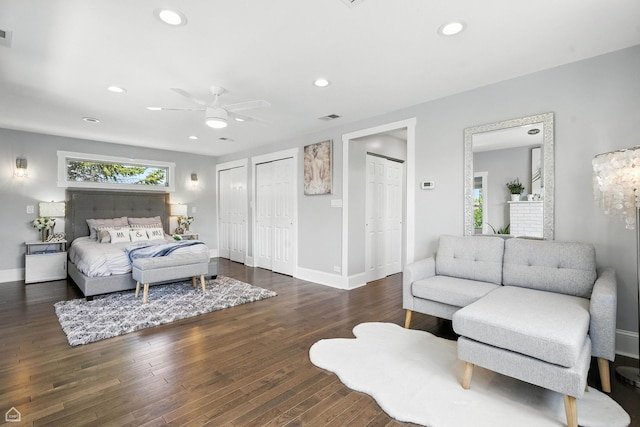 7515 W Roscoe St, Chicago, IL 60634 - bedroom with multiple closets, recessed lighting, wood finished floors, and a ceiling fan