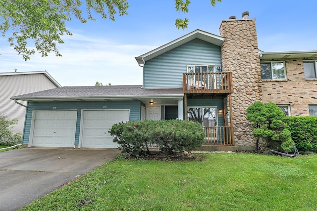 221 Barb Blvd Unit 1, Dekalb, IL 60115 - view of front of house featuring a garage, a front yard, driveway, a balcony, and a chimney