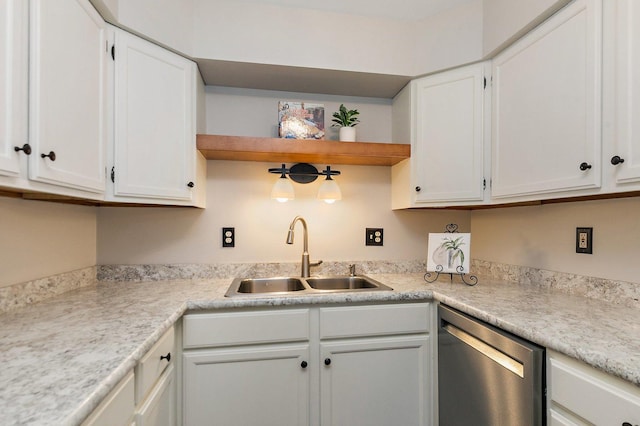 221 Barb Blvd Unit 1, Dekalb, IL 60115 - kitchen with stainless steel dishwasher, open shelves, and white cabinetry