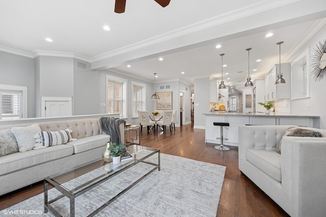 3715 N Wayne Ave, Chicago, IL 60613 - living area with plenty of natural light, dark wood finished floors, recessed lighting, ceiling fan, and ornamental molding