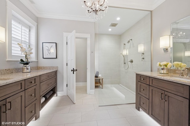 3715 N Wayne Ave, Chicago, IL 60613 - full bath with vanity, a walk in shower, a chandelier, ornamental molding, and tile patterned flooring