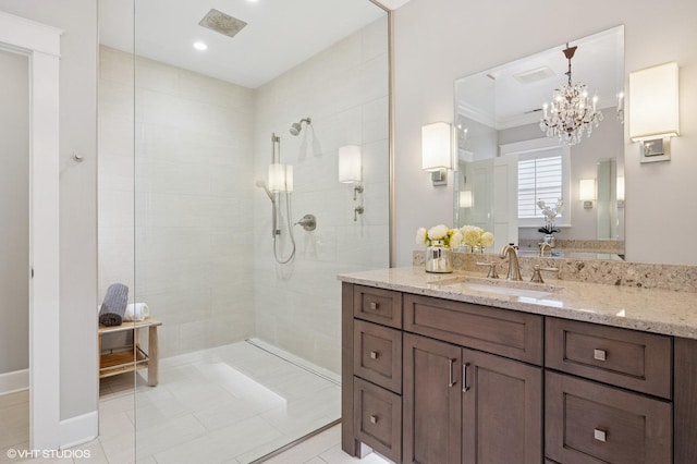 3715 N Wayne Ave, Chicago, IL 60613 - full bath with vanity, a walk in shower, a chandelier, tile patterned flooring, and recessed lighting