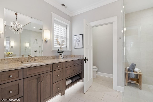 3715 N Wayne Ave, Chicago, IL 60613 - bathroom featuring vanity, walk in shower, a chandelier, crown molding, and tile patterned flooring