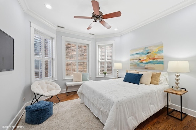 3715 N Wayne Ave, Chicago, IL 60613 - bedroom with ornamental molding, recessed lighting, wood finished floors, and a ceiling fan
