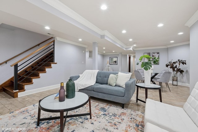 3715 N Wayne Ave, Chicago, IL 60613 - living room featuring crown molding, recessed lighting, and stairs