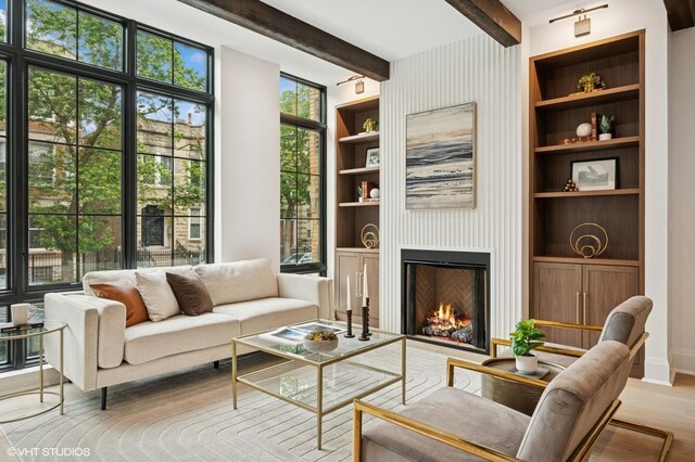 838 N Damen Ave Unit 1, Chicago, IL 60622 - living room with beam ceiling, a fireplace, wood finished floors, and built in features