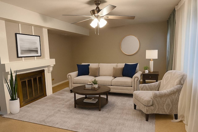 530 Cottonwood Cir, Bolingbrook, IL 60440 - living room with light colored carpet, ceiling fan, and a glass covered fireplace