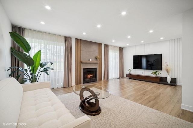 975 W Happfield Dr, Arlington Heights, IL 60004 - living room featuring wood finished floors, a large fireplace, and recessed lighting