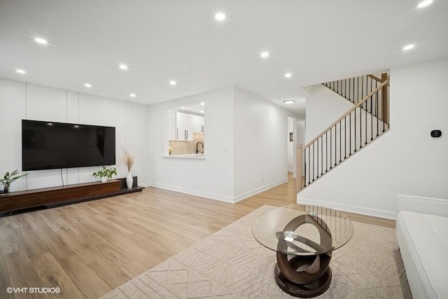 975 W Happfield Dr, Arlington Heights, IL 60004 - living room with stairs, light wood finished floors, and recessed lighting