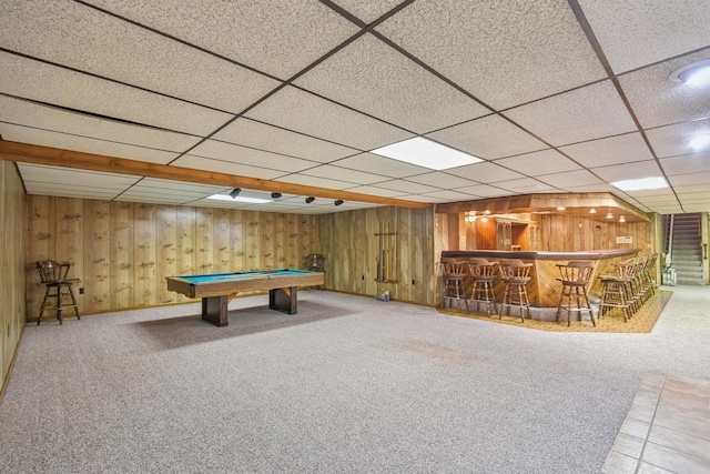 3560 Primrose Ln, Morris, IL 60450 - recreation room with a bar, carpet floors, pool table, a drop ceiling, and wood walls