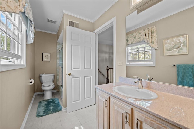 1228 N W St, Naperville, IL 60563 - bathroom featuring vanity, a shower, crown molding, and tile patterned flooring