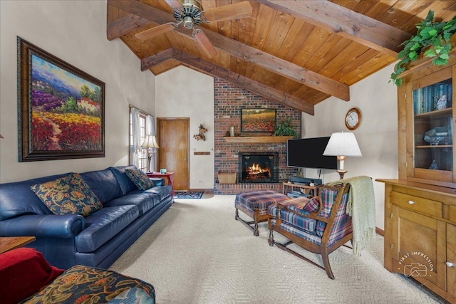 1228 N W St, Naperville, IL 60563 - living area featuring a wooden ceiling with exposed beams, carpet, a ceiling fan, a fireplace, and high vaulted ceiling