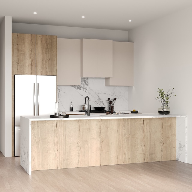 2147 W Adams St Unit 3N, Chicago, IL 60612 - kitchen featuring light wood-style flooring, backsplash, modern cabinets, recessed lighting, and light countertops