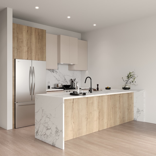 2147 W Adams St Unit 3N, Chicago, IL 60612 - kitchen with freestanding refrigerator, light wood-style flooring, modern cabinets, recessed lighting, and tasteful backsplash