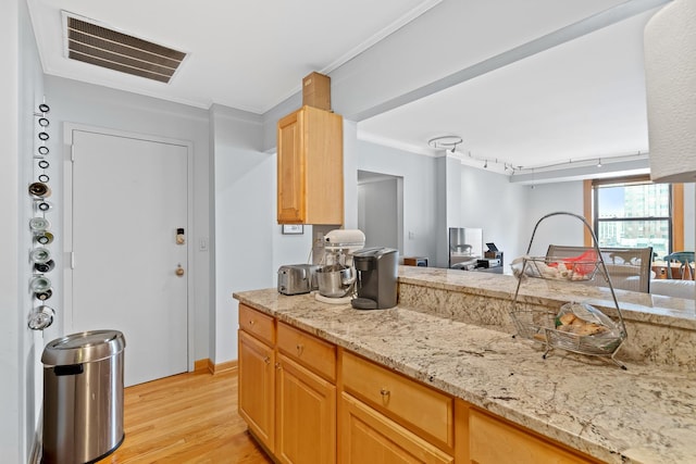 431 S Dearborn St Unit 1303, Chicago, IL 60605 - kitchen featuring light wood-style flooring, crown molding, light stone counters, and light brown cabinetry