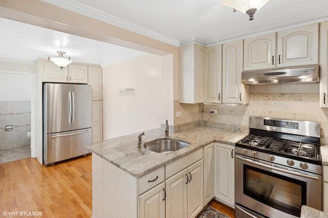 3837 Kirk St, Skokie, IL 60076 - kitchen with appliances with stainless steel finishes, under cabinet range hood, a peninsula, light wood-style flooring, and ornamental molding