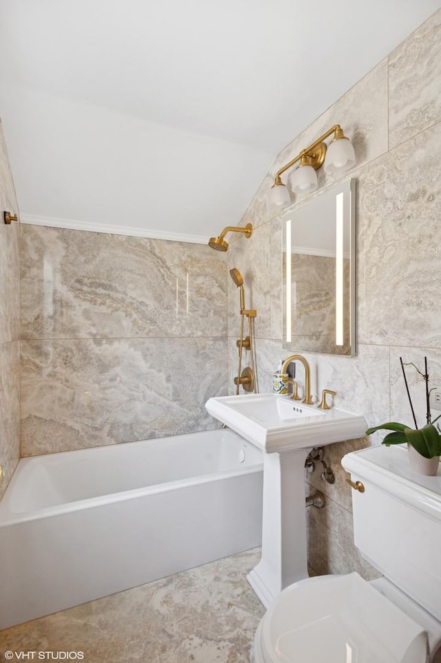 3837 Kirk St, Skokie, IL 60076 - bathroom with tile walls, bathing tub / shower combination, and lofted ceiling