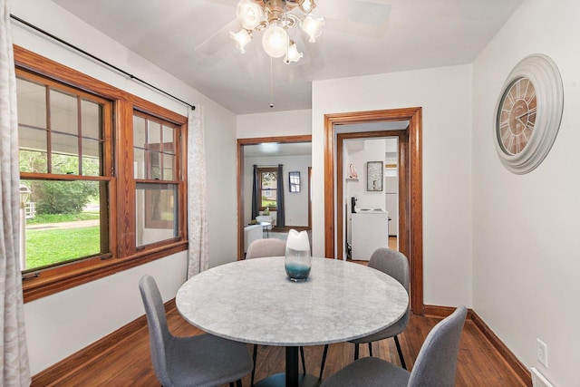 218 Mason Ct, Sycamore, IL 60178 - dining room with a ceiling fan and dark wood-style floors
