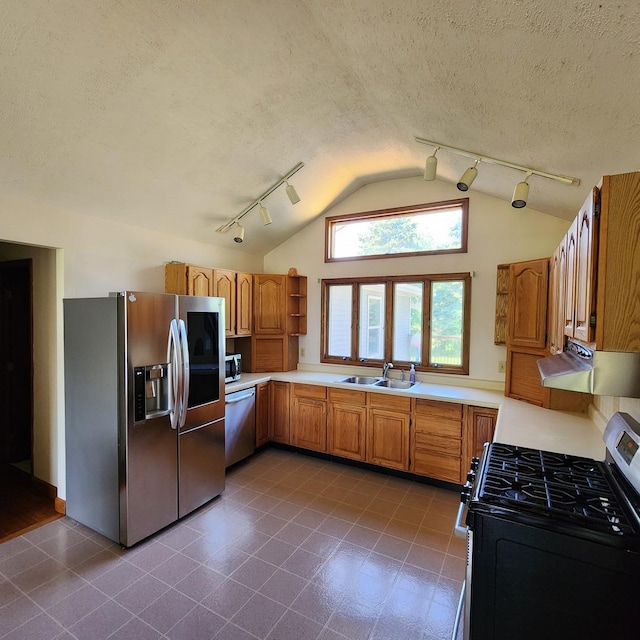 1932 N 2653rd Rd, Ottawa, IL 61350 - kitchen with appliances with stainless steel finishes, track lighting, lofted ceiling, light countertops, and exhaust hood