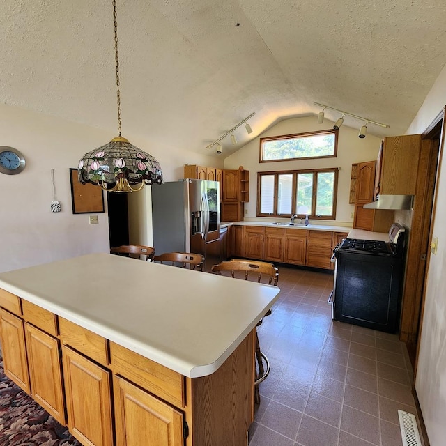 1932 N 2653rd Rd, Ottawa, IL 61350 - kitchen featuring black range with gas stovetop, stainless steel fridge with ice dispenser, lofted ceiling, brown cabinets, and a textured ceiling