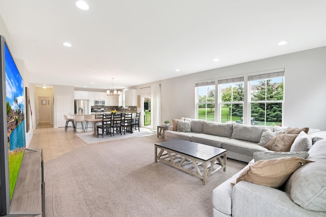 9054 Clinnin Ln, Huntley, IL 60142 - living room with recessed lighting, a chandelier, and light carpet