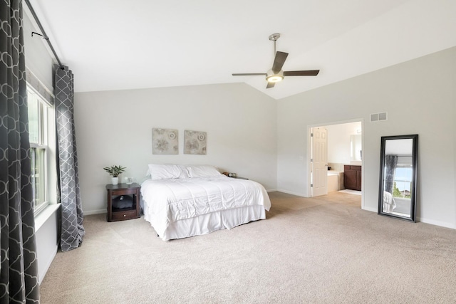 9054 Clinnin Ln, Huntley, IL 60142 - bedroom featuring vaulted ceiling, carpet floors, multiple windows, ceiling fan, and ensuite bath