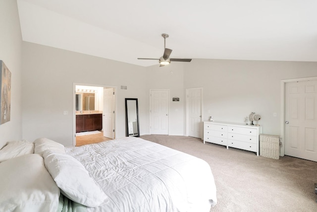 9054 Clinnin Ln, Huntley, IL 60142 - bedroom with light colored carpet, lofted ceiling, ensuite bathroom, and ceiling fan
