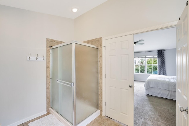 9054 Clinnin Ln, Huntley, IL 60142 - ensuite bathroom with a stall shower, a ceiling fan, and tile patterned flooring
