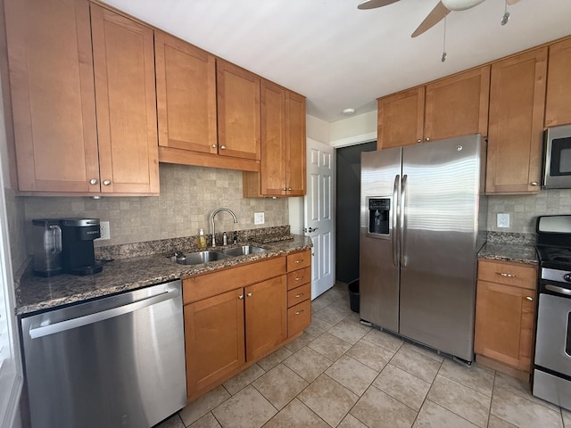 1757 Linden St, Des Plaines, IL 60018 - kitchen featuring stainless steel appliances, backsplash, a ceiling fan, and dark stone counters