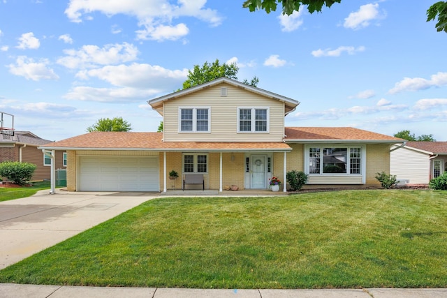 1558 Oregon Trl, Elk Grove Village, IL 60007 - traditional-style home featuring a garage, a front lawn, driveway, brick siding, and covered porch