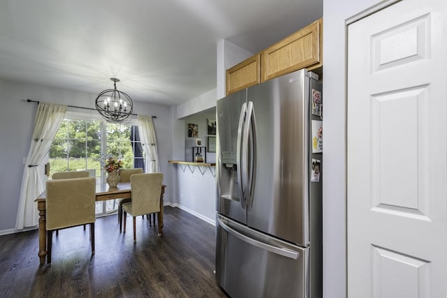 39709 N Warren Ln, Beach Park, IL 60083 - kitchen featuring stainless steel fridge with ice dispenser, a chandelier, dark wood-type flooring, and hanging light fixtures