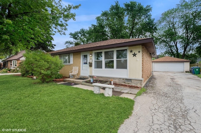 8937 Fairlane Dr, Bridgeview, IL 60455 - ranch-style house with a detached garage, a front yard, an outbuilding, and brick siding
