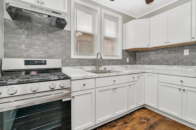 8107 S Princeton Ave, Chicago, IL 60620 - kitchen with stainless steel gas range, under cabinet range hood, dark wood finished floors, tasteful backsplash, and white cabinets