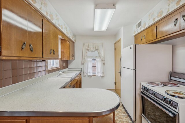 16645 Cottage Grove Ave, South Holland, IL 60473 - kitchen featuring white range with electric cooktop, brown cabinets, light countertops, and backsplash