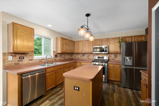 3402 Hoffman St, Plano, IL 60545 - kitchen featuring stainless steel appliances, dark wood-style flooring, decorative backsplash, light countertops, and recessed lighting