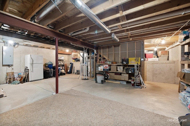 3402 Hoffman St, Plano, IL 60545 - unfinished basement with freestanding refrigerator, water heater, and electric panel