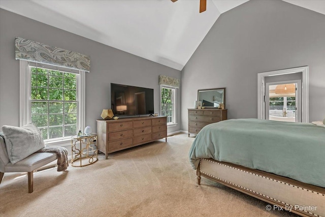 6407 Kingsbridge Dr, Cary, IL 60013 - carpeted bedroom with high vaulted ceiling and ceiling fan