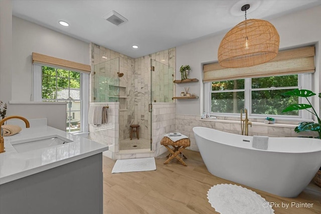 6407 Kingsbridge Dr, Cary, IL 60013 - full bathroom featuring plenty of natural light, a shower stall, a freestanding bath, vanity, and tile walls