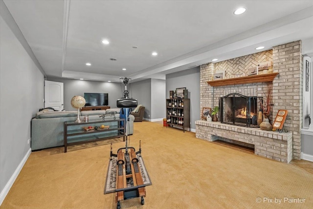 6407 Kingsbridge Dr, Cary, IL 60013 - carpeted living room featuring recessed lighting, a fireplace, and a tray ceiling