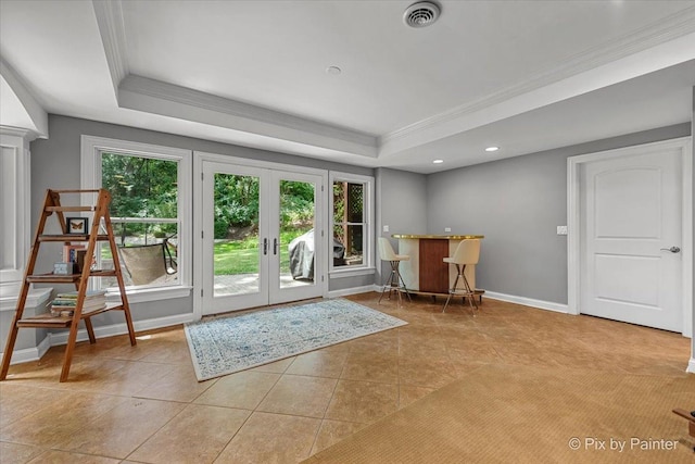 6407 Kingsbridge Dr, Cary, IL 60013 - entryway featuring crown molding, tile patterned flooring, a raised ceiling, french doors, and recessed lighting