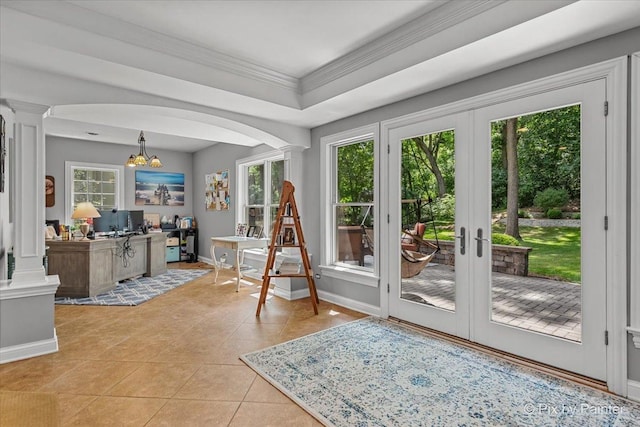 6407 Kingsbridge Dr, Cary, IL 60013 - doorway featuring ornate columns, french doors, light tile patterned floors, a chandelier, and ornamental molding