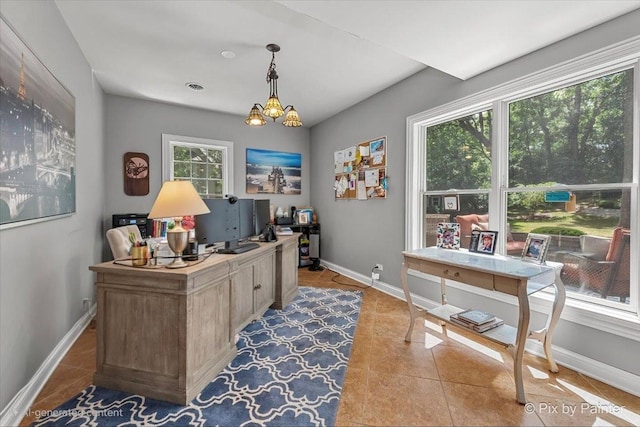 6407 Kingsbridge Dr, Cary, IL 60013 - office featuring light tile patterned floors and a chandelier